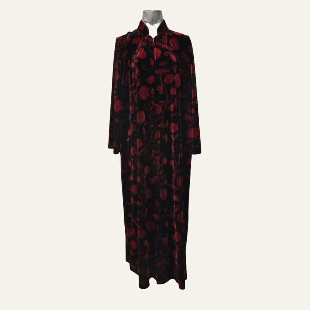 Vintage Diamond Tea Velvet House Coat Robe Red Black Floral Zipper Front Large